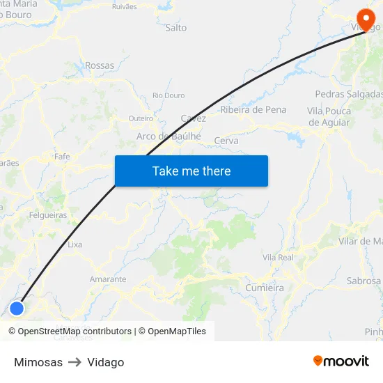 Mimosas to Vidago map