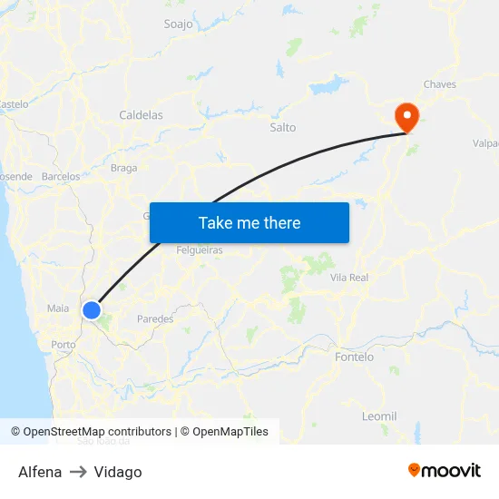 Alfena to Vidago map