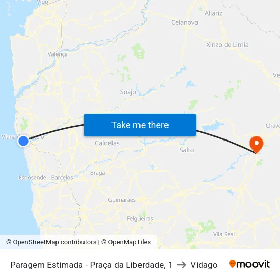 Paragem Estimada - Praça da Liberdade, 1 to Vidago map