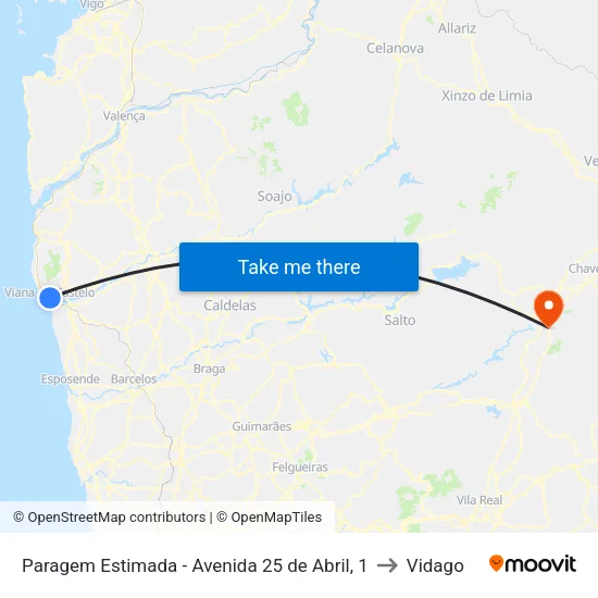 Paragem Estimada - Avenida 25 de Abril, 1 to Vidago map