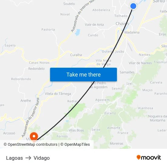 Lagoas to Vidago map