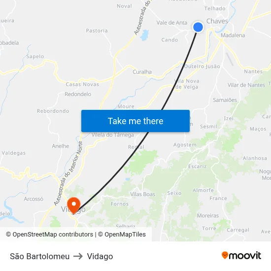 São Bartolomeu to Vidago map
