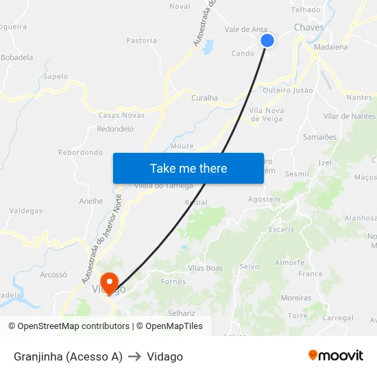 Granjinha (Acesso A) to Vidago map