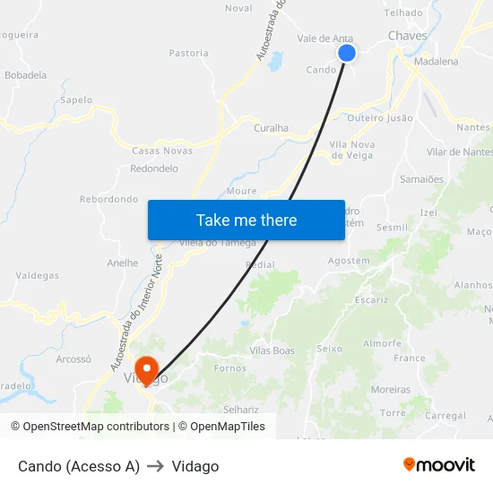 Cando (Acesso A) to Vidago map