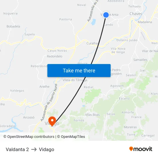 Valdanta 2 to Vidago map
