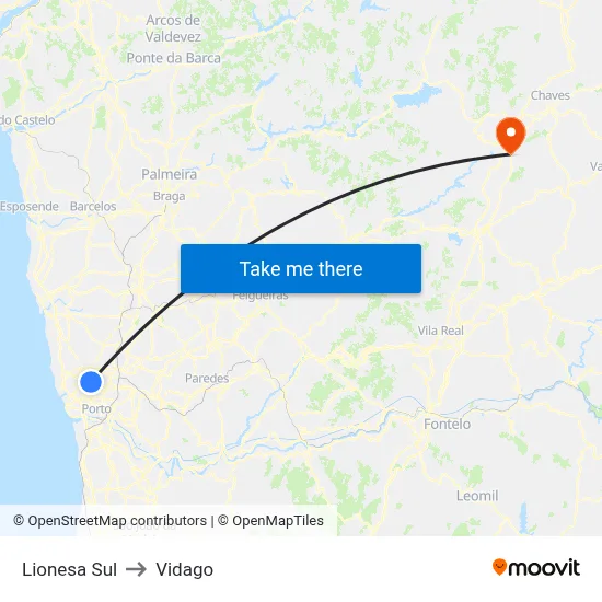 Lionesa Sul to Vidago map