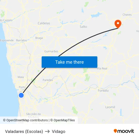 Valadares (Escolas) to Vidago map