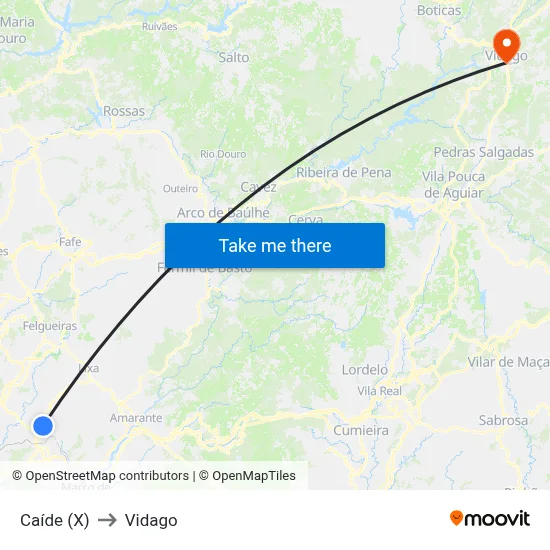 Caíde (X) to Vidago map