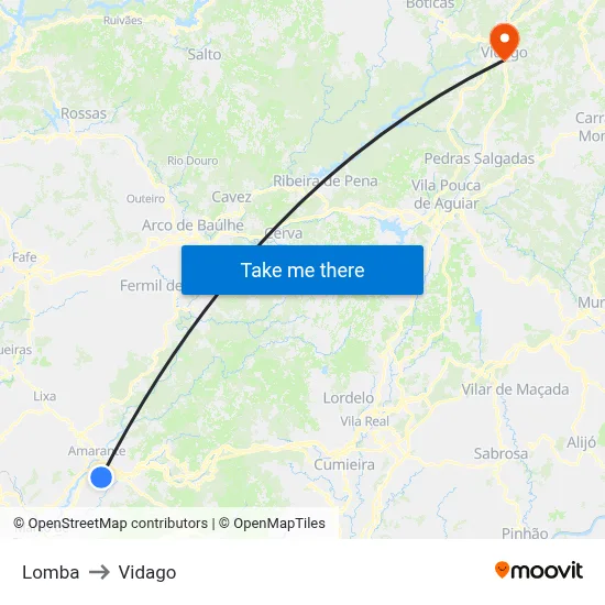 Lomba to Vidago map