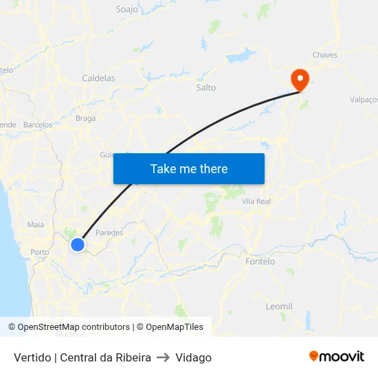 Vertido | Central da Ribeira to Vidago map