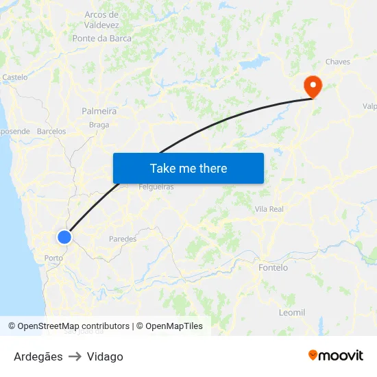 Ardegães to Vidago map