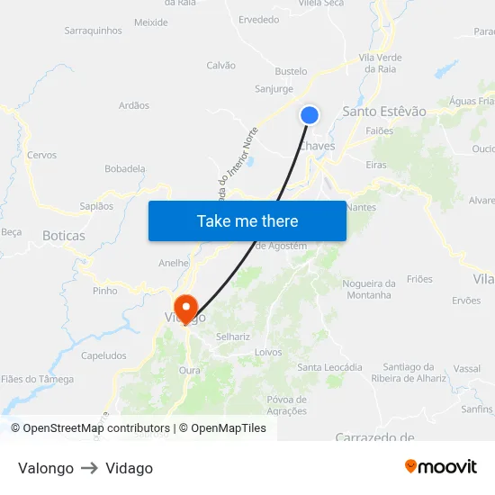 Valongo to Vidago map