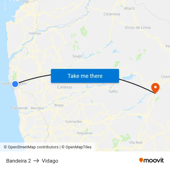 Bandeira 2 to Vidago map