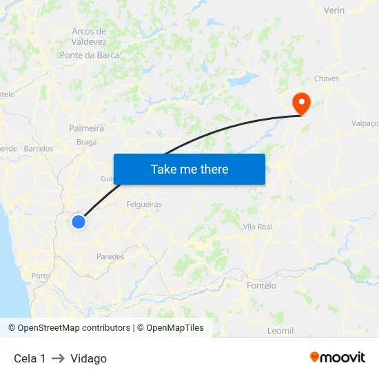 Cela 1 to Vidago map