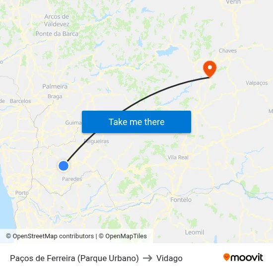 Paços de Ferreira (Parque Urbano) to Vidago map