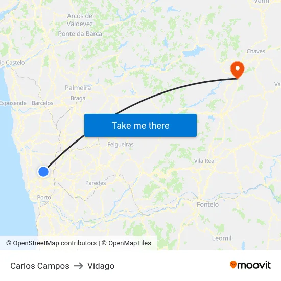 Carlos Campos to Vidago map