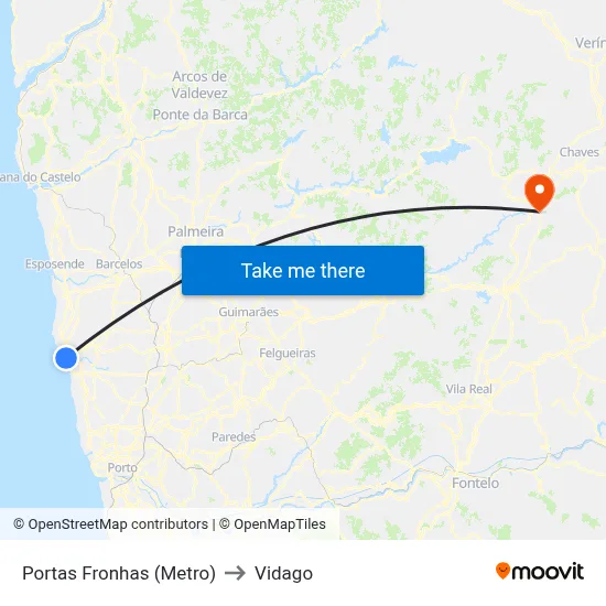 Portas Fronhas (Metro) to Vidago map