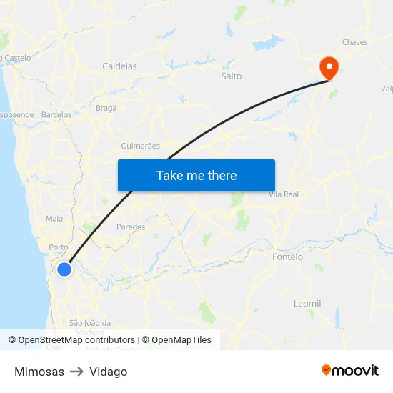 Mimosas to Vidago map