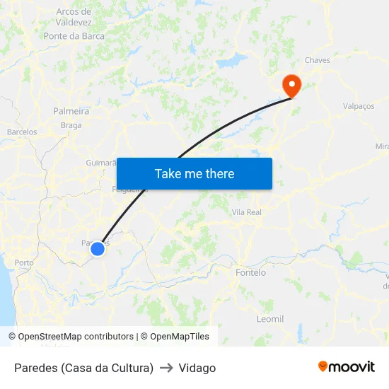 Paredes (Casa da Cultura) to Vidago map