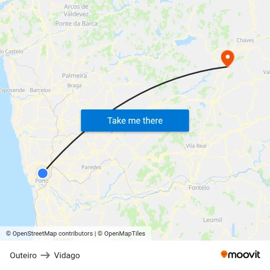 Outeiro to Vidago map