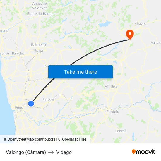 Valongo (Câmara) to Vidago map