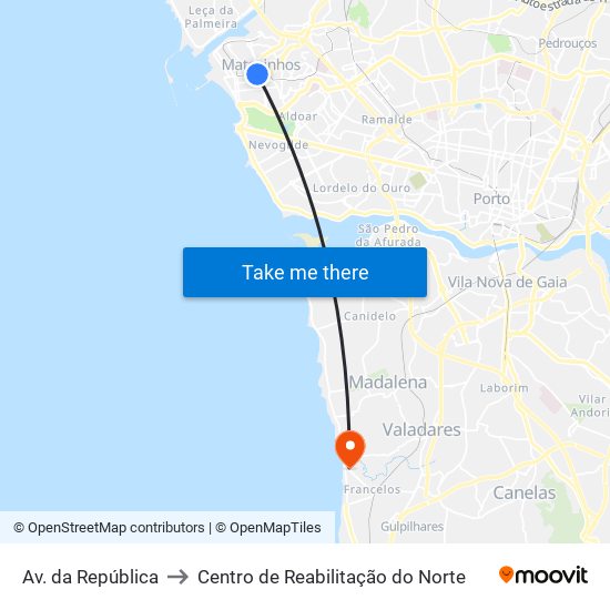 Av. da República to Centro de Reabilitação do Norte map