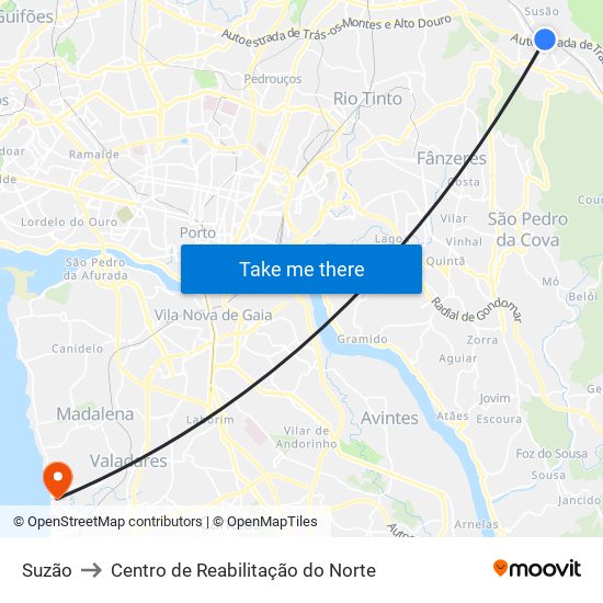 Suzão to Centro de Reabilitação do Norte map