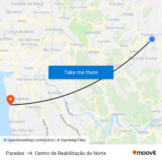 Paredes to Centro de Reabilitação do Norte map