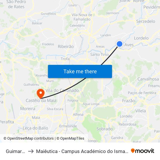Guimarães to Maiêutica - Campus Académico do Ismai e Ipmaia map