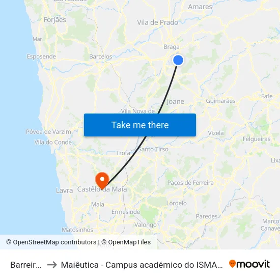 Barreiros I to Maiêutica - Campus académico do ISMAI e IPMAIA map