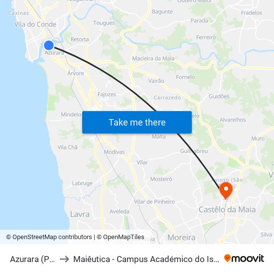 Azurara (Ponte) to Maiêutica - Campus Académico do Ismai e Ipmaia map