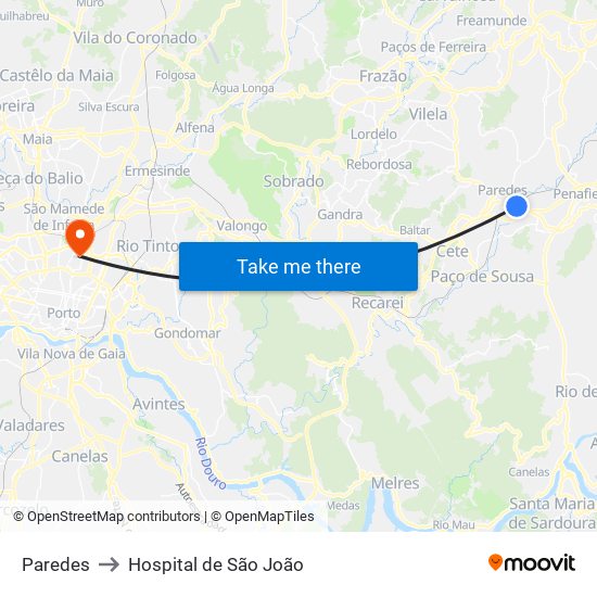 Paredes to Hospital de São João map