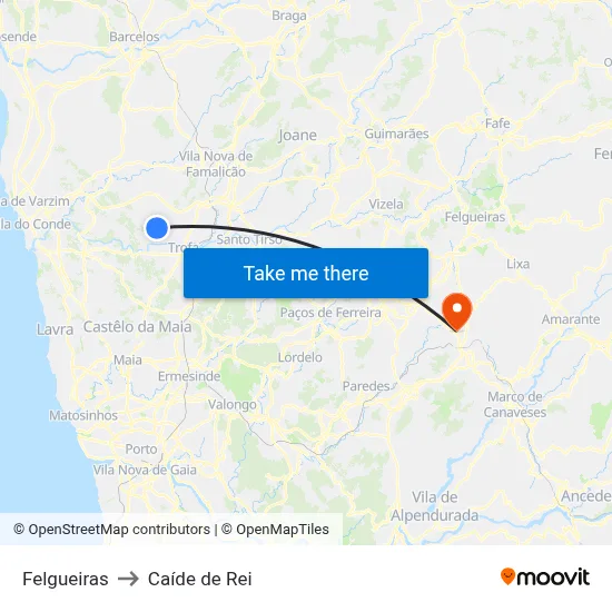 Felgueiras to Caíde de Rei map