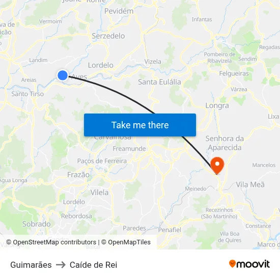 Guimarães to Caíde de Rei map