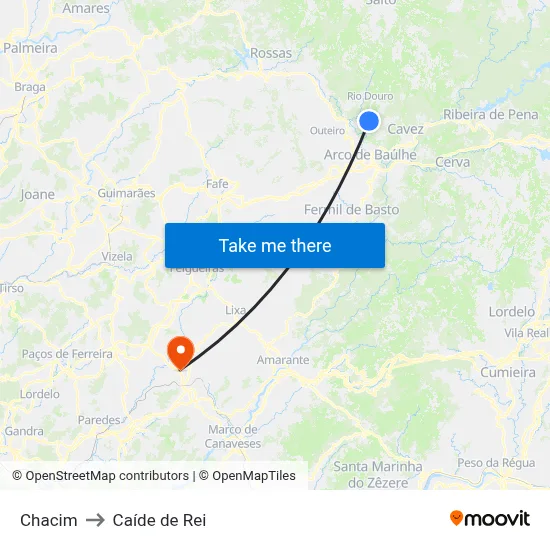 Chacim to Caíde de Rei map