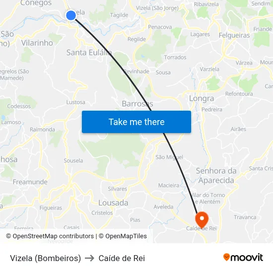Vizela (Bombeiros) to Caíde de Rei map