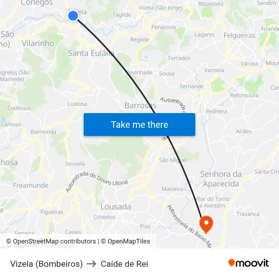 Vizela (Bombeiros) to Caíde de Rei map