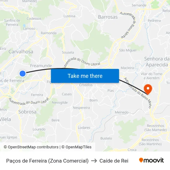 Paços de Ferreira (Zona Comercial) to Caíde de Rei map