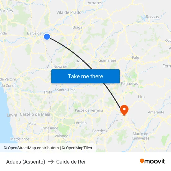 Adães (Assento) to Caíde de Rei map