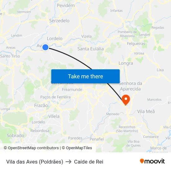 Vila das Aves (Poldrães) to Caíde de Rei map