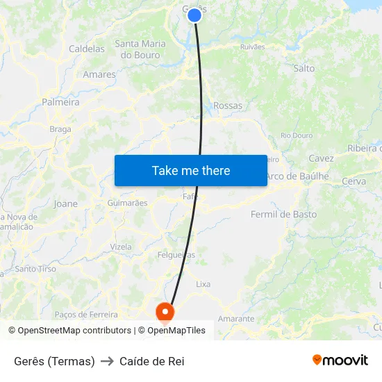 Gerês (Termas) to Caíde de Rei map