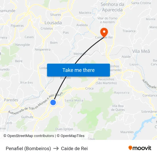 Penafiel (Bombeiros) to Caíde de Rei map