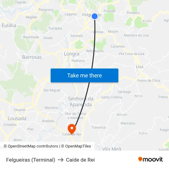 Felgueiras (Terminal) to Caíde de Rei map