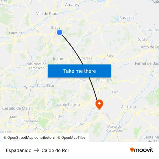 Espadanido to Caíde de Rei map