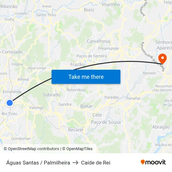 Águas Santas / Palmilheira to Caíde de Rei map