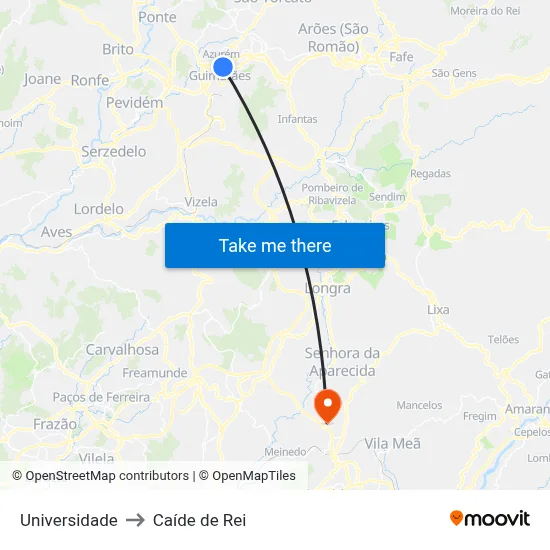 Universidade to Caíde de Rei map