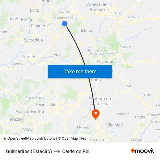 Guimarães (Estação) to Caíde de Rei map