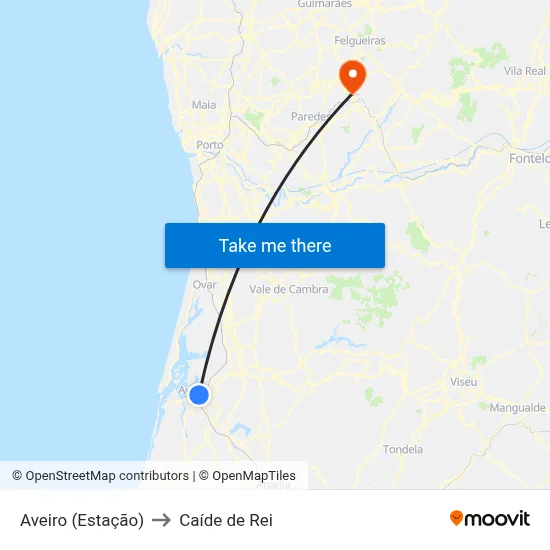 Aveiro (Estação) to Caíde de Rei map