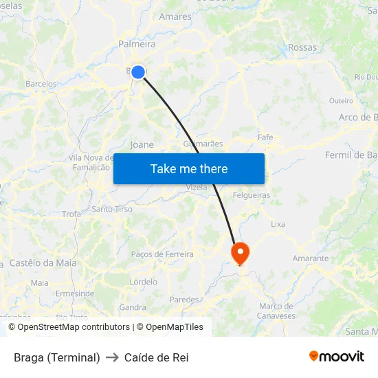Braga (Terminal) to Caíde de Rei map