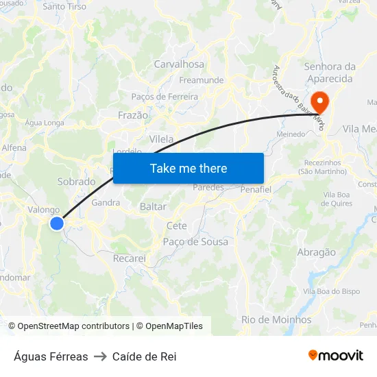 Águas Férreas to Caíde de Rei map